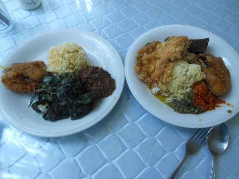 Our Usual. Left Plate:Fried Chicken, Tamerind Beef, Casava Leaves and Rice with Sauce. Marc's: Fried Chicken, Crispy Beef, Fried Omlet and Rice with Sauce and Sambal (spicy tomato sauce) 